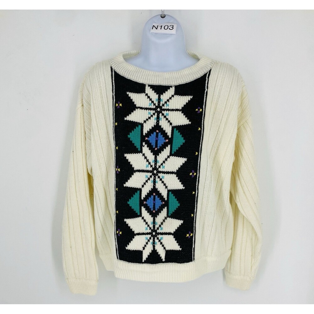 Vintage Words Cream Geometric Faire Isle Snowflake Knit Sweater Size Small